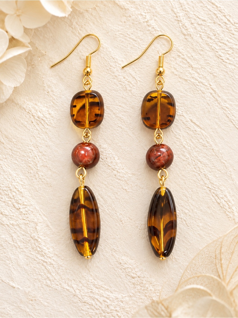 🆕😍Amber-Tone Resin & Red Tigers Eye Drop Earrings - Women Jewelry